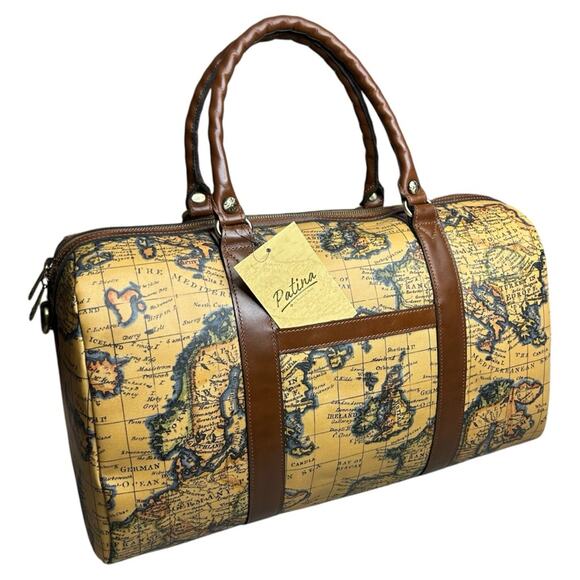 Patricia Nash Milano Weekender Duffel Bag European Map Patina Coated Linen NWT - Picture 2 of 12